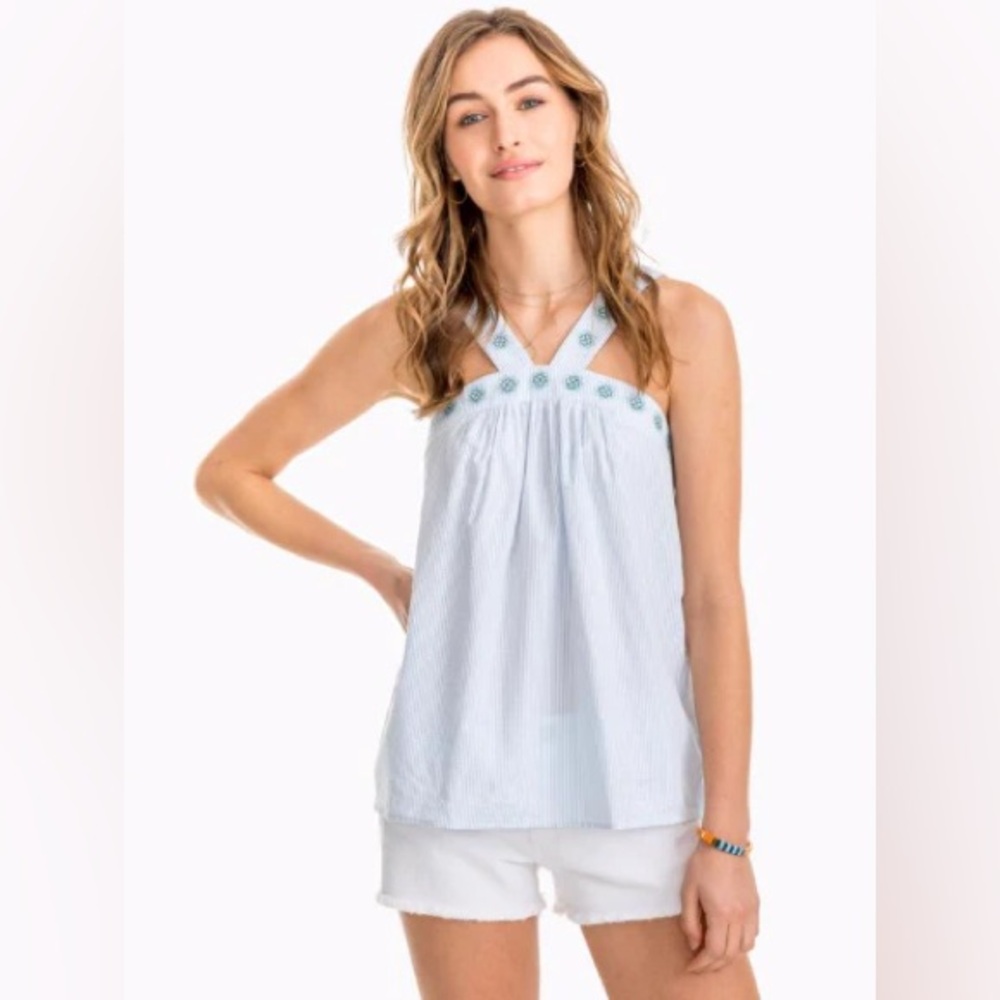 Southern Tide Clara Embroidered Seersucker Tank - Boat Blue